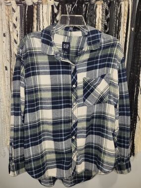 GAP Womans  Navy, Green & White Plaid Button-Down Shirt